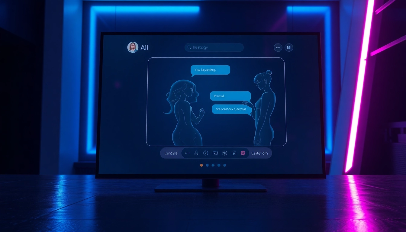 Futuristic AI interface on a screen with suggestive digital figures and neon lighting