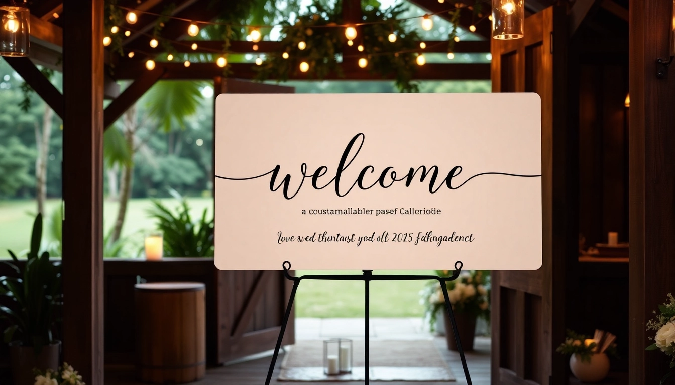 Beautiful wedding welcome sign with personalized calligraphy, set outdoors with floral decor for a warm greeting.