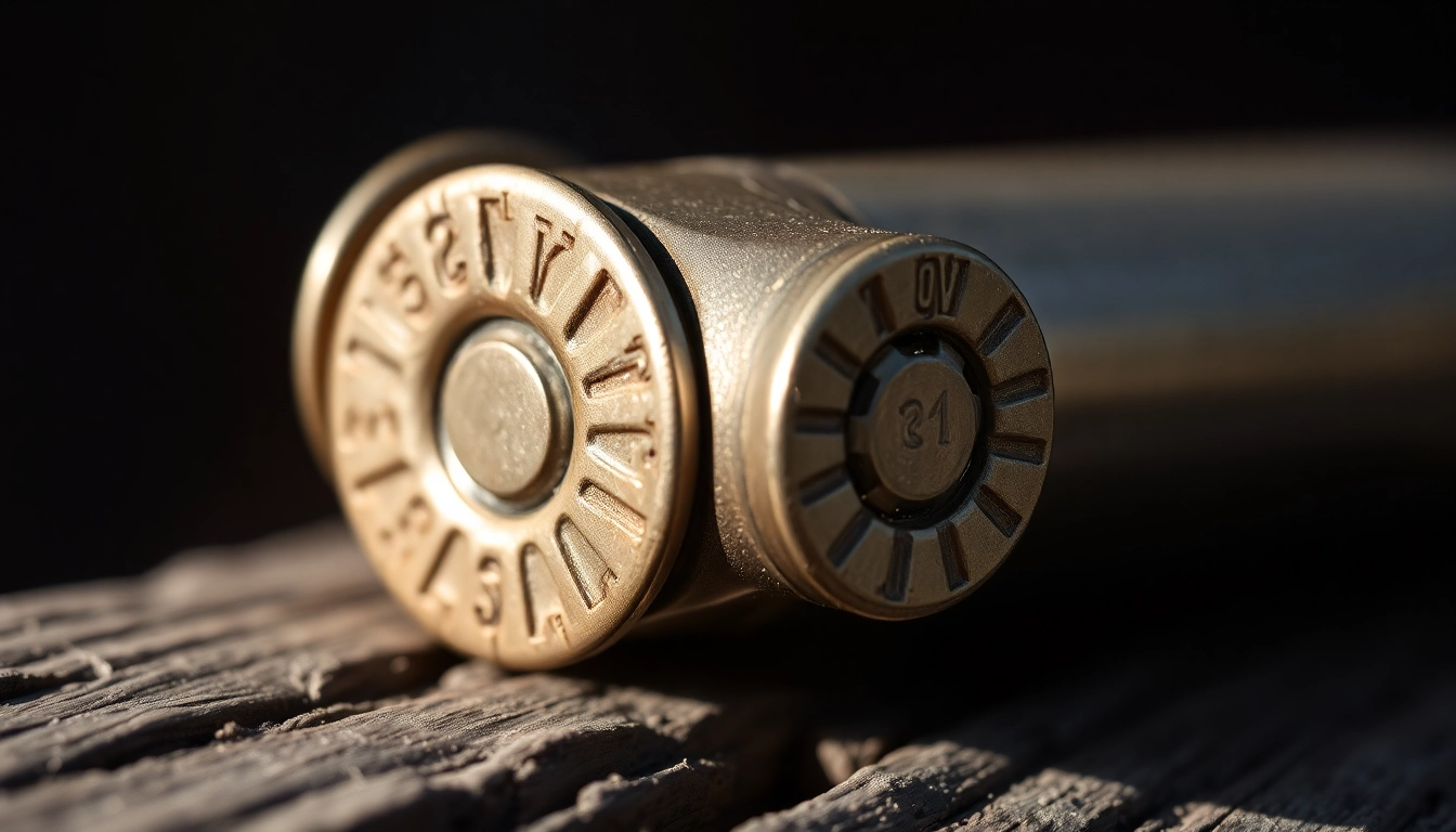 Detailed shot of a 32 WIN cartridge with vintage hunting gear background, showcasing its craftsmanship and historical design for firearm enthusiasts.