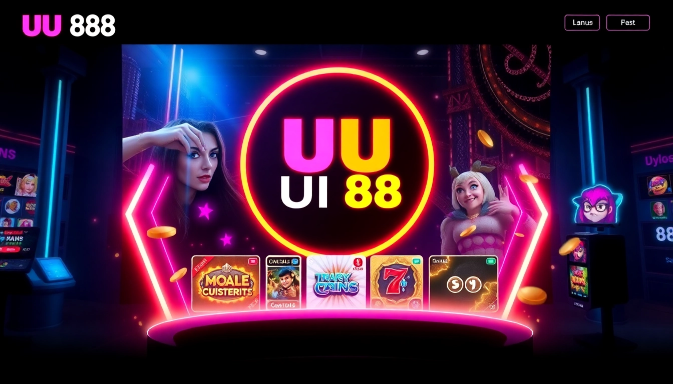 Elegant online casino platform showcasing UU 88 branding with colorful game icons and a vibrant background for user engagement and brand recognition.