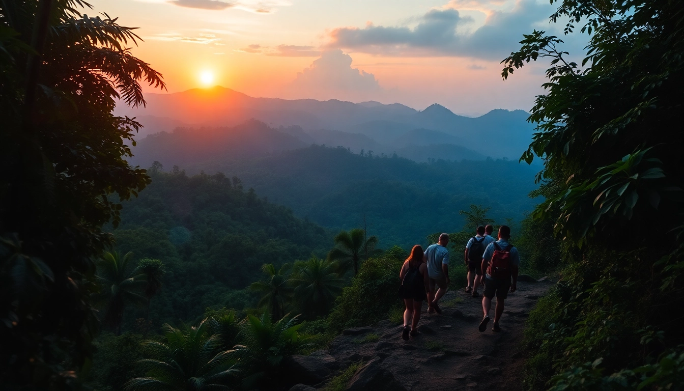 Guided trek through dense tropical forest with explorers and experienced guide in Indonesia's wilderness.