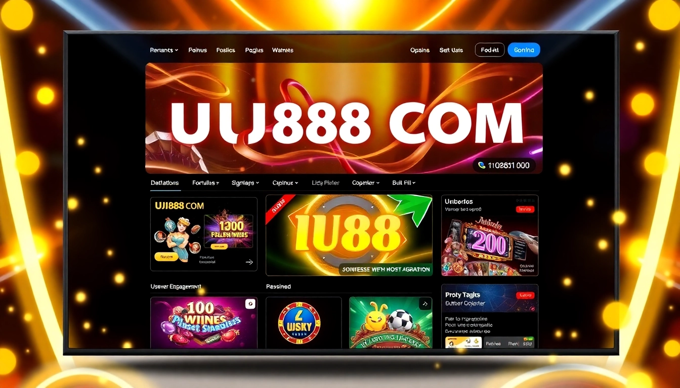 Engaging scene of an online gambling platform emphasizing UU88 COM, with bright buttons, jackpot animations, and a confident user in focus for accessibility and appeal.