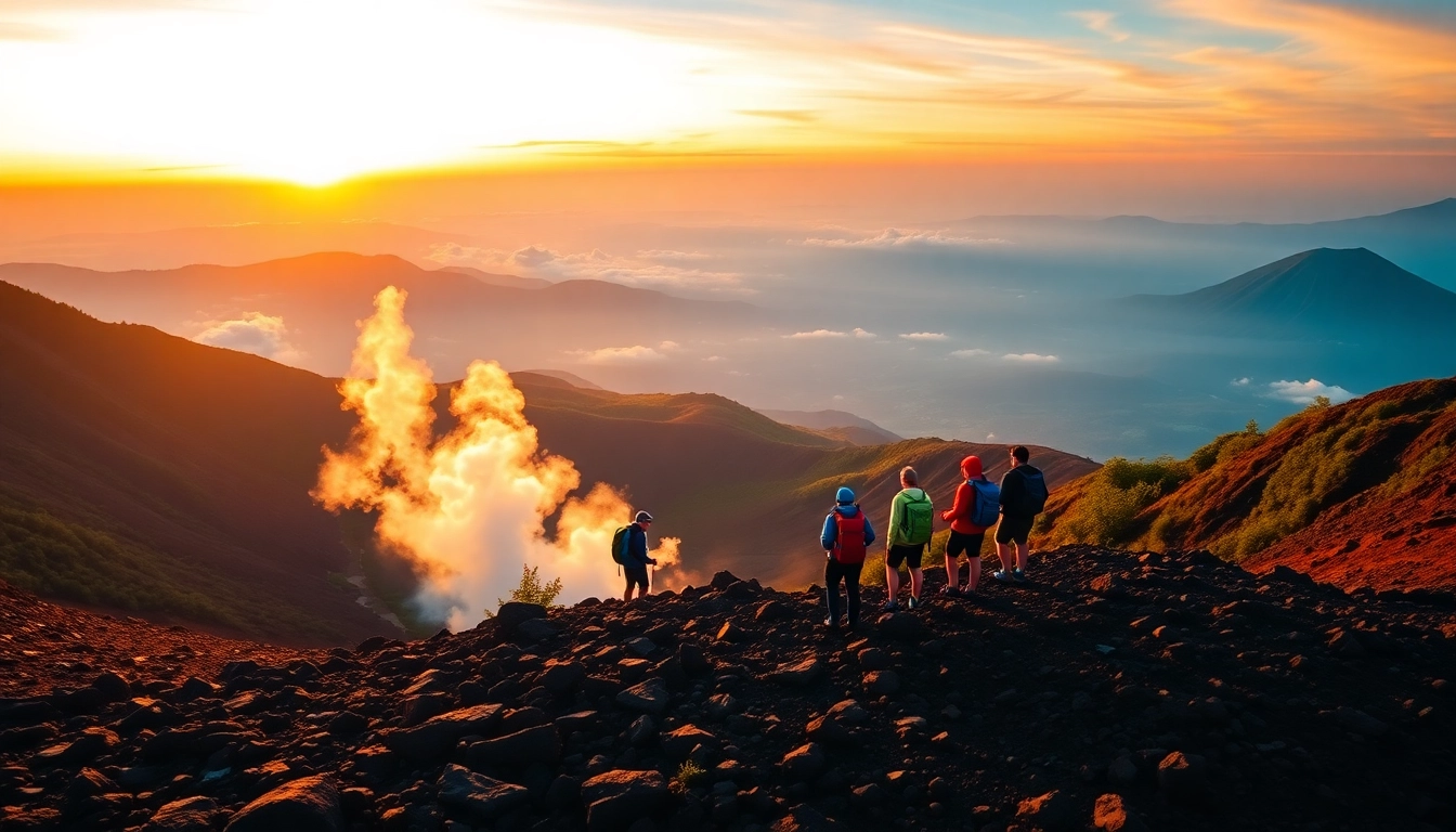 Hikers at sunrise on Mount Rinjani's crater rim with lush green forests and volcanic landscape.