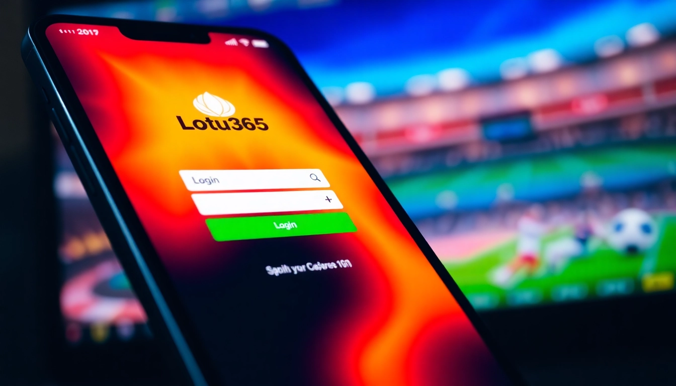 Secure Lotus365 login screen on a mobile device, highlighting quick access for Indian sports bettors with a vibrant sports theme in background.