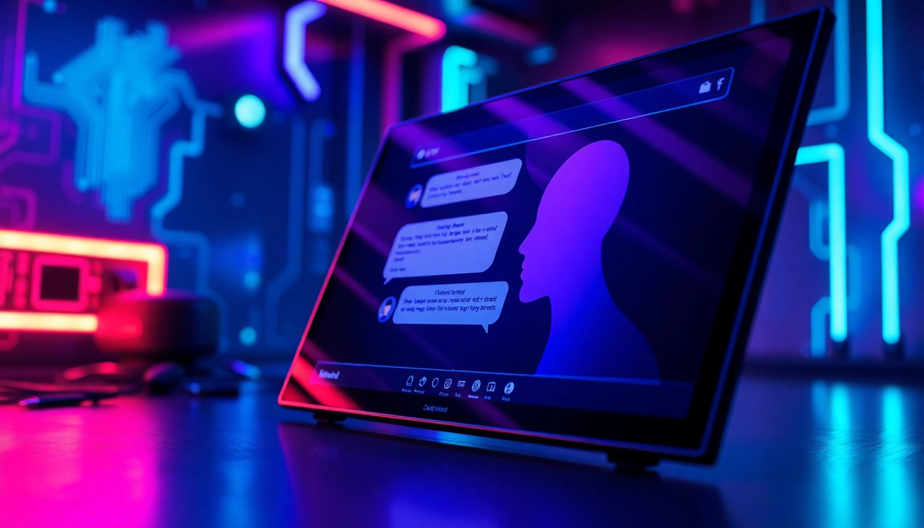 Futuristic digital scene of a chatbot interface with neon lights and high-tech environment
