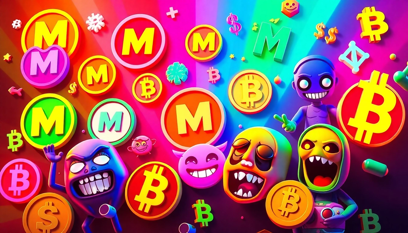 Bold memecoin logo with meme characters and blockchain graphics illustrating crypto humor and