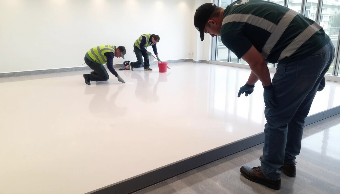 Liquid screeding Birmingham process with skilled workers pouring smooth liquid screed for